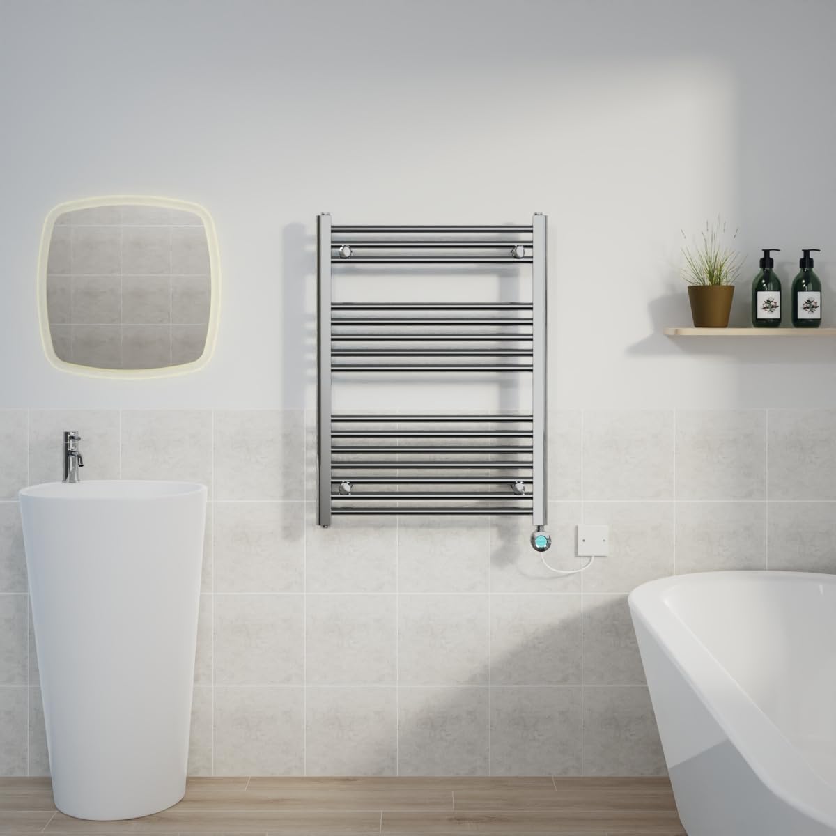 Warmehaus Chrome Prefilled Electric Thermostatic Heated Towel Rail Bathroom Ladder Radiator Straight With 400W Lcd Display Timer Electric Heating Element 800X600mm