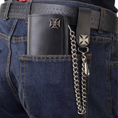 Milwaukee Leather MLW7825 Men's 6” Black Leather Bi-Fold Biker Wallet w/Anti-Theft Stainless Steel Chain and Iron Cross Emblems - 6 Inch2