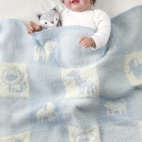 Image of CREVENT Cozy Soft Warm Chenille Baby Blanket for Girls Boys, Newborn Essentials for Infant, Baby Shower Receiving Gift - Animal Blue 75X100cm