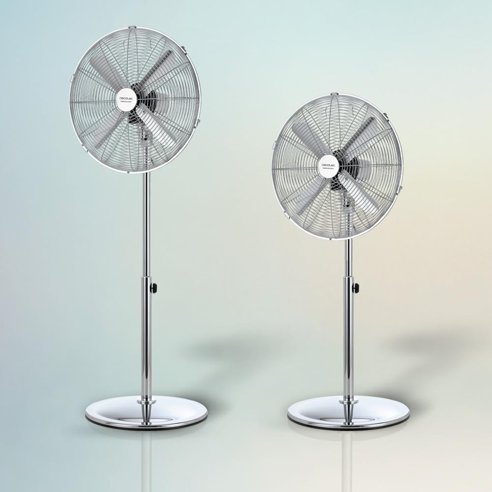 Cecotec Ventilateur sur pied EnergySilence 620 Retrostyle. 50 W, finition chromée, 16" de diamètre avec 4 pales, 3 vitesses, oscillation, hauteur réglable, sécurité maximale
