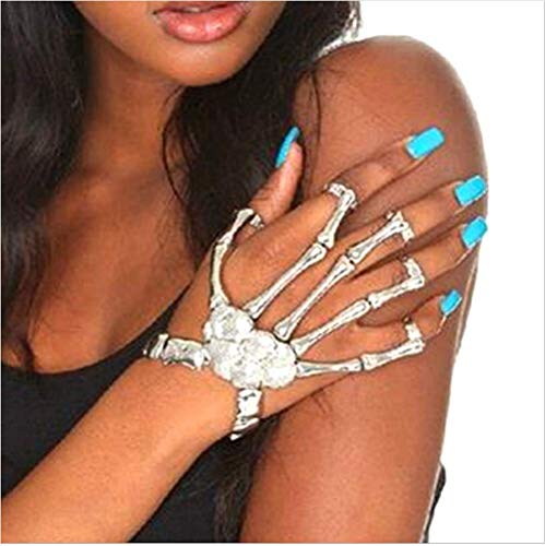 Cathercing Halloween Wristband Skull Fingers Metal Skeleton Hand Bracelet with Ring for Women and Men on Party(silver)
