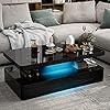 IKIFLY Modern High Glossy Black Coffee Table with 16 Colors LED Lights, Contemporary Rectangle Design Living Room Furniture, 2 Tiers