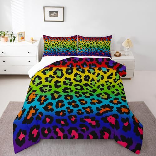 Image of Girls Colorful Cheetah Printed Comforter Set - Full Size Women's Down Alternative Comforter for All Season - Rainbow Leopard Print Quilt Set