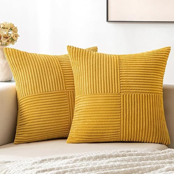 Image of Guffaw Corduroy Pillow Covers Boho Decorative Spliced Throw Pillow Covers Soft Solid Couch Pillowcases Cross Patchwork Cushion Covers for Living Room Bed Sofa 16x16 inch (1, Mustard Yellow)