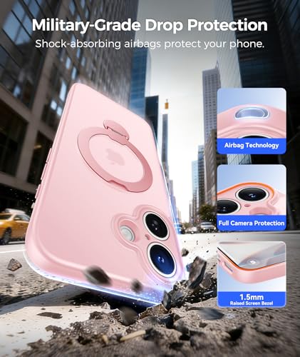 Image of FNTCASE for iPhone 17 Case: [360 Spin Magnetic Stand] [Compatible with Magsafe] [Screen Protector] Translucent Matte Military Grade Shockproof Full Camera Protective Phone Cover - Pink