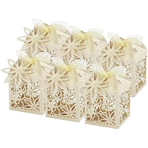 LEMESO 50 Cajas Regalo para Bautizo, Comunión, Cajitas de Carton Amarillas para Bombones Chuches Confetis, Flor Hueco Cajitas para Regalos de Boda Detalles Recuerdos para Invitados Cover
