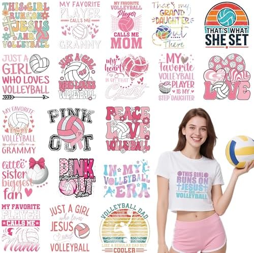 MOIZYNG 20 Sheets Volleyball Iron on Transfers for T-Shirts, Pink Volleyball Player DTF Transfers Ready to Press Heat Transfers Vinyl, Sports Iron on Decals for Clothes Bag Pillow Covers DIY Crafts