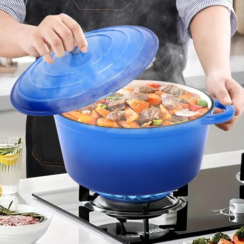 Ø28cm Emaille Gusseisen Schmortopf mit Deckel,Dutch Oven für Zuhause, Küche, Gusseisen Bräter für alle Herdarten und Induktion geeignet zum Kochen, Backen, Kühlen und Servieren,Rund,Blau,5,7L