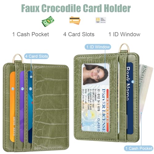 Image of Slim Credit Card Holder Crocodile Wallet Women Thin Wallets | Alligator Print RFID Blocking Minimalist Lightweight Pocket Small Cute Cards Holders ID Window, Olive Croc
