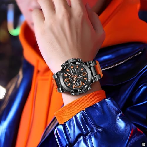 Image of LIGE Stylish Men's Watches Sports Outdoor Waterproof Military Watch Date Multi Function Tactics LED Alarm Orange Dial Stopwatch Analog Digital Orange Silicone Strap Wristwatch for Man
