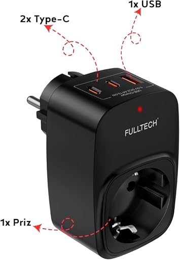 Vetech Akım Korumalı Priz 1x Priz, 2x Type-C, 1x USB Port Çıkışlı Tekli (Siyah)