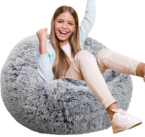Image of Fluffy Bean Bag Chair for Kids, 2.5FT Round Memory Foam Filled Bean Bag for Teens & Kids, Ultra Soft Faux Fur Fabric Bean Bag Chairs for Playroom, Living Room, Bedroom, Gray