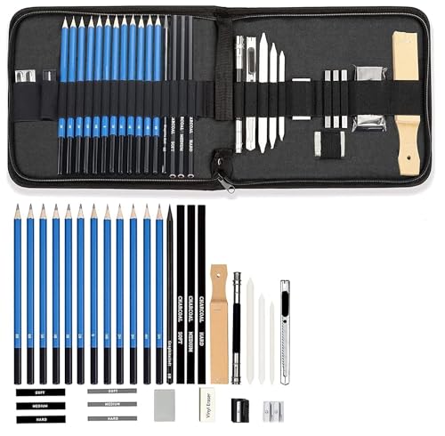 Image of Amazon Brand - Umi 33 Pcs Drawing Pencils Shading Pencils Set Drawing Kit Sketching Kit Sketch Pencils Set,Ink Color-Black