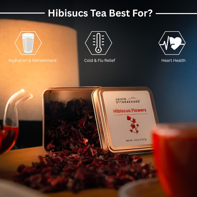 Image of Jaivik Uttarakhand - Hibiscus Tea (113.4 g), Decaffeinated Herbal Relief, Used for Hot or Iced, Tangy Flavor, Herbal Tisane, Pack of 2 Tin Box