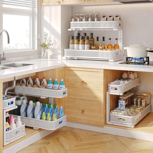 Image of 2 Pack 21.3IN-Depth Under Sink Organizer with Smooth Cylindrical Rail,2-Tier Pull Out Multi-Purpose Cabinet Storage for Bathroom&Kitchen,Height Adjustable,Rust-Resistant Coating-White