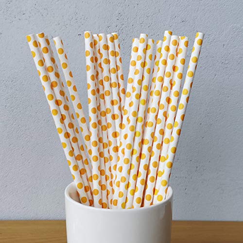 Lot de 50 pailles en papier blanches à pois orange biodégradables de 8 mm d'épaisseur pour smoothies, milkshakes, jus de fruits, anniversaire, fête, café, restaurant, paille de mariage en vrac Cover