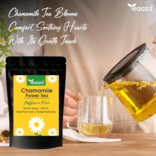 Image of Teaaza Chamomile Flower Tea, 100 Grams-100+Cups, For Sleep, Relaxation, Anxiety & Stress Relief | Calming Herbal Tea - Caffeine Free - Flower Based - Non-Bitter | Diwali Gift for Family, Friends & Corporate Gifting