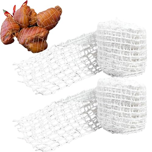 UptVin 2 Rollen Schinkennetz Weiß, Bratennetz, 5 Meter Rollbratennetz Baumwollfaden 16 Löcher, Elastisches Fleischnetz, Räuchernetz Schinkennetz zum Aufbewahren, Aufhängen und Garen von Fleisch