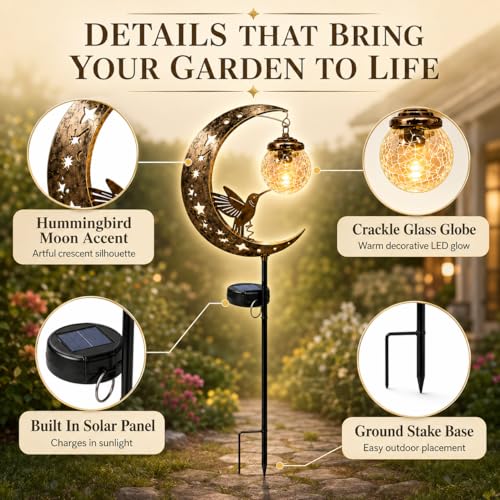 MOYEE Hummingbird Solar Garden Stake Light, Moon Outdoor Solar Lights with Crackle Glass Globe, Metal Crescent Moon Yard Decor, Waterproof Solar Pathway Light for Garden Patio Lawn Flower Bed - image 3