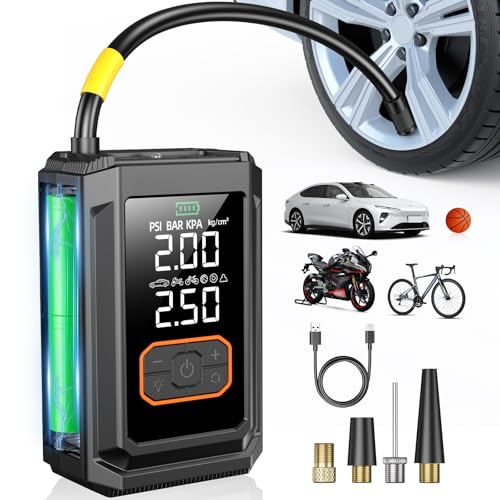 Portable Tire Inflator Air Compressor, 150 PSI Cordless Mini Bike Tire Pump Air Pump for Auto, Motorcycle, Bicycle, Balls with Pressure Gauge &amp; LED Light