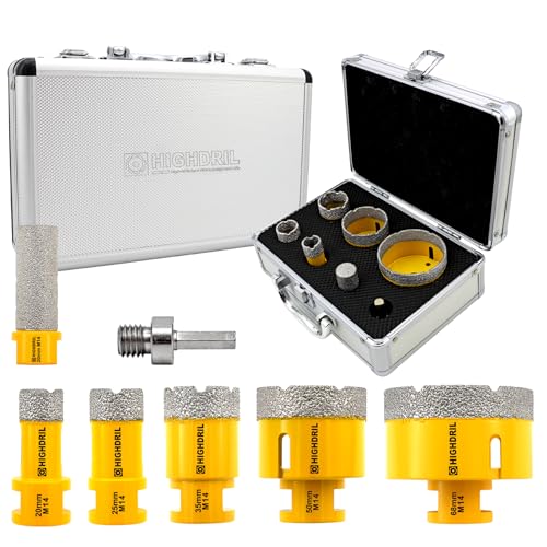 HIGHDRIL Juego Brocas de Diamante 7Piezas-20/25/35/50/68mm Taladro+20mm Broca Dedo+Adaptador Sierra de Diamante para Agujeros para Porcelana Baldosas de Cerámica Granito Mármol Granito