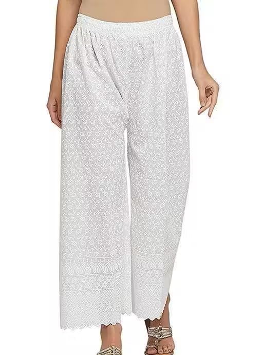 White Chikankary Elasticated Palazzo Pants for Women's-picture-44