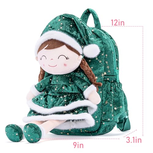 Image of Gloveleya Plush Backpacks Toddler Backpack Removable Doll and Backpack Baby Girl Gifts for 2 to 8 Years Girl Birthday Gifts with Green Doll