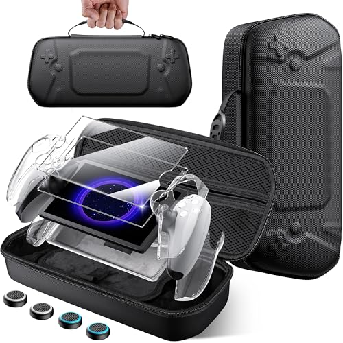 Image of Hard Carrying Shell Case for PlayStation Portal - 5 in 1 Accessories Bundle for PS Portal with Water-Resistant PU Leather - 2 Screen Protector, Clear Skin Case, 4 Thumb Grip Caps, Hard Outer Cover for PS5 Portal Remote Player