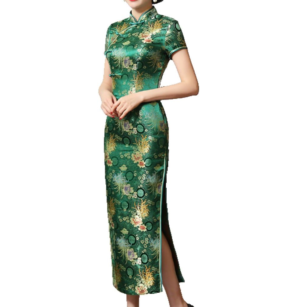 Green Women Chinese Cheongsam Flowers Design Lady Cheongsam Chinese Style Split Traditional Wedding Qipao Dress Female Clothing,Green,S