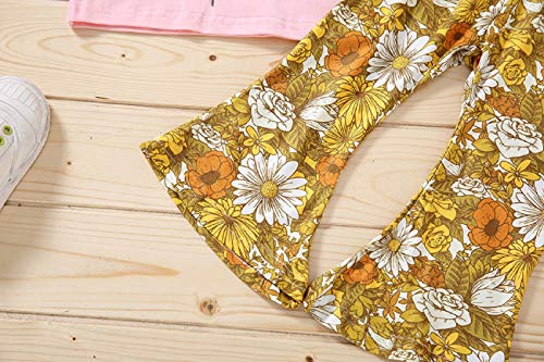 Toddler Girl Outfits Letter Short Sleeve T-Shirt Top Floral Bell Bottom Pants Girls Summer Clothes (Pink, 5-6 Years)