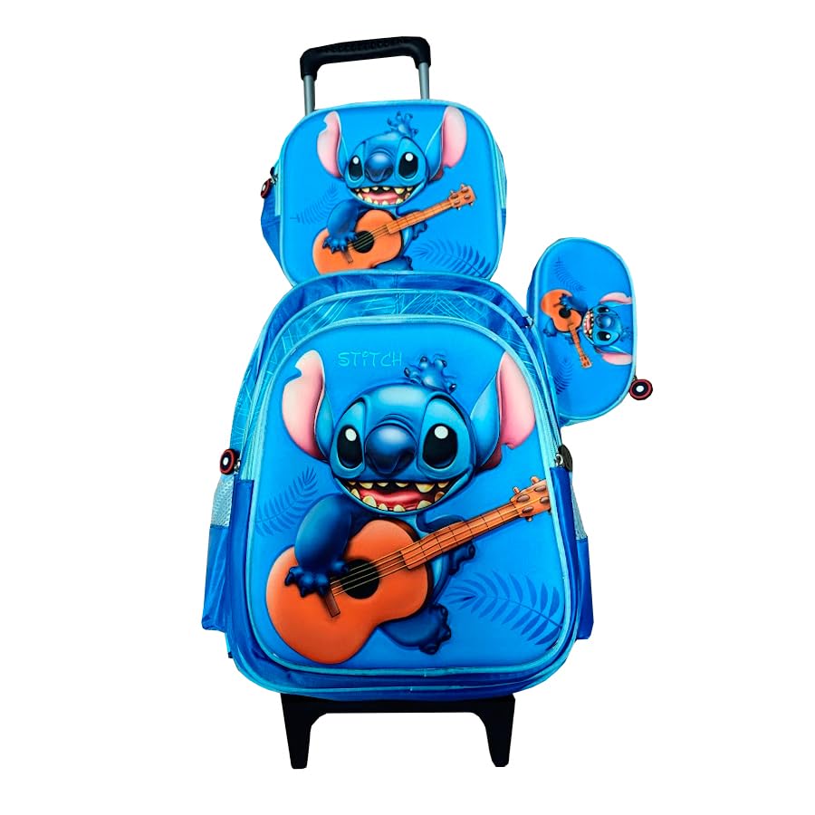 Kit Mochila do Stitch Para Meninos com Rodinhas em 3D + Lancheira Térmica + Estojo Escolar em Alto Relevo com Violão