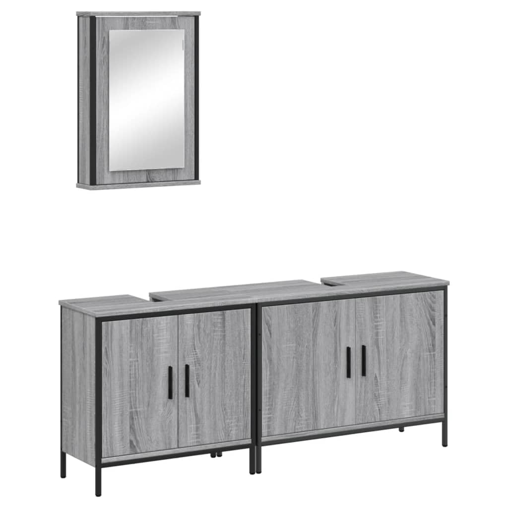 SYDE Set Muebles de Baño 3 Pzas Madera Gris Sonoma | Con Espejo, Montaje en Pared, Resistente a Humedad, Amplio Almacenaje