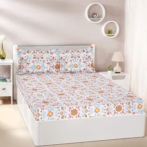 Amazon Brand - Solimo Floral Haven 144 TC 100% Cotton King Size Bedsheet with 2 Pillow Covers, Orange