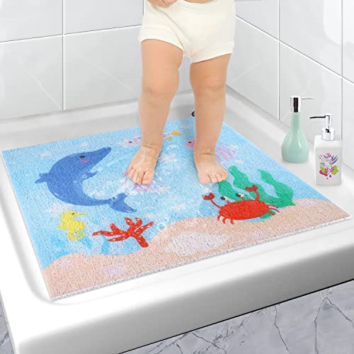 Tapis de Douche Antidérapant 60x60, Tapis de Bain de Dessin animé sans Ventouse, Tapis Antidérapant Baignoire Tapis Douche pour Enfants et Bébé (60_x_60_cm, 01-Dauphins) Cover