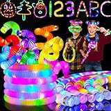 Jishi Glow Sticks Party Favors for Kids 24pcs Glow in the Dark Party Supplies Bulk Valentines Day Gifts for Kids Birthday, LED Neon Light Up Pop Tubes Fidget Toys for Kids Ages 3+ Year Old Boys Girls