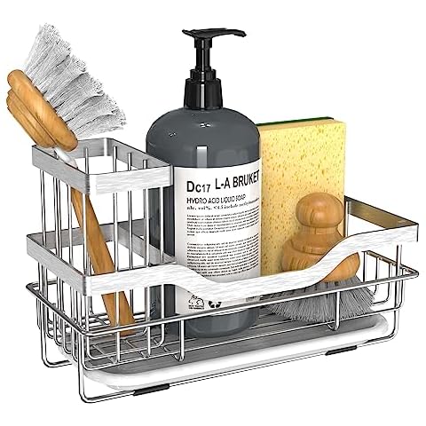 Vanwood Rustproof Kitchen Sink Organizer and Sponge Caddy with Detachable Brush Holder & Drain Tray - Multifunctional Storage Cover