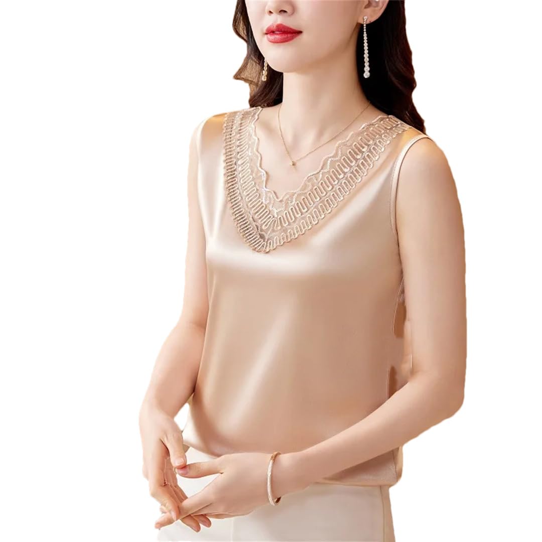 Camicia da donna in seta con ricamo in pizzo estivo senza maniche Top allent