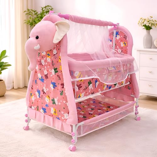 Image of PANDAORIGINALS Jumbo Baby Cradle|Soft Cushion Baby Jhula /Paalna Cute cot with Mosquito Net for 0-9 Months Boys and Girls Super Strong Soft Cushion and Swing Lock Function (Jumbo Pink)