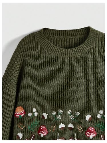 SHENHE Women's Oversized Embroidered Mushroom Sweater Crewneck Chunky Knit Sweater Pullover4