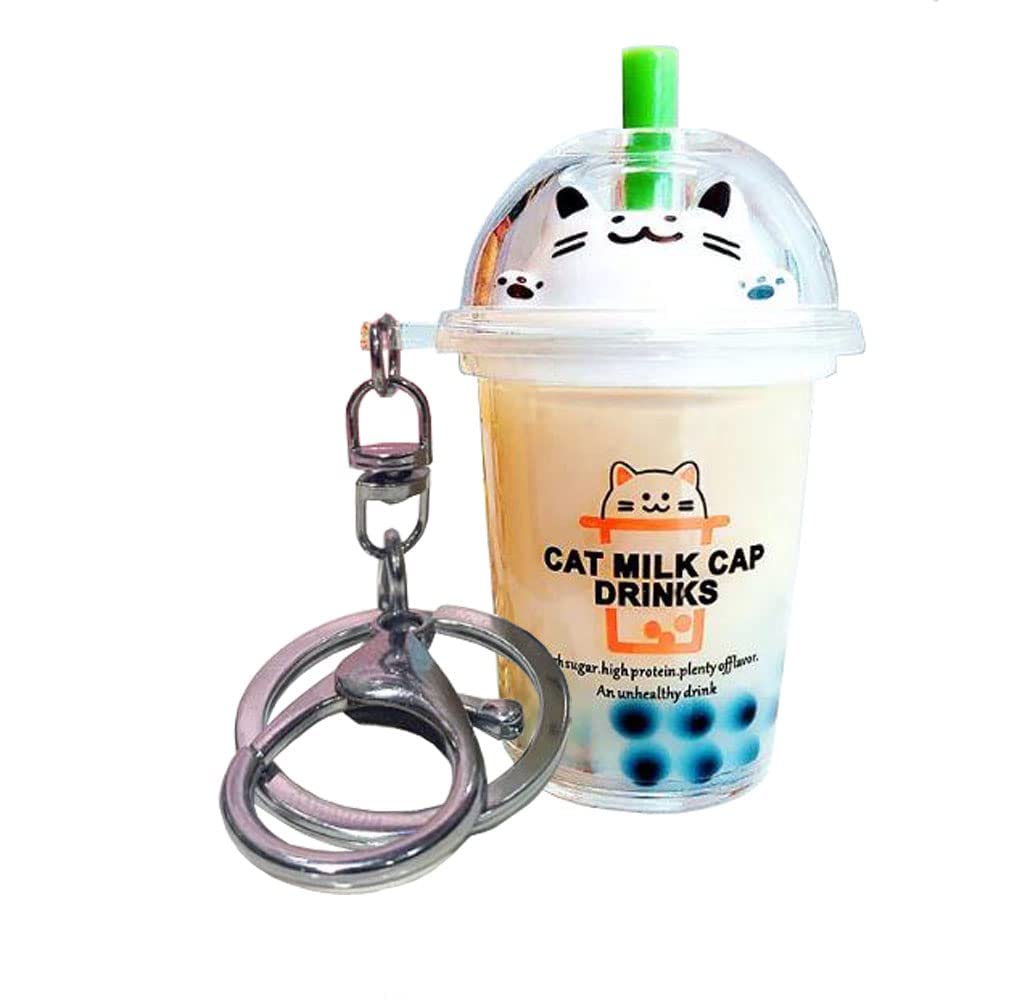 Milk Tea Keychain Creative Cat Bubble Tea Key Chain Mini Lifelike Simulation Milk Tea Quicksand Key Ring Cute Car Key Chain Pendant Bag DIY Charms Jewelry Accessories Enamel