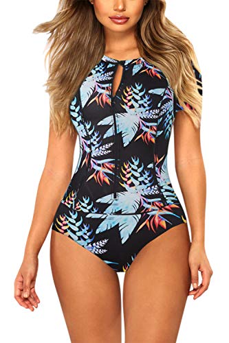 Viottiset Women's Floral Swimsuit Rashguard Short Sleeve Printed Zipper Sun Protection Surfing One Piece Bathing Suit Blue L
