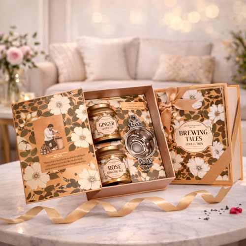 Image of Sancha Tea Boutique, Brewing Tales Collection, Luxury Gift Box with Ginger Green (50g), Rose Oolong (25g) & Premium Mesh Infuser | Botanical Print Box with Ribbon & Carry Bag