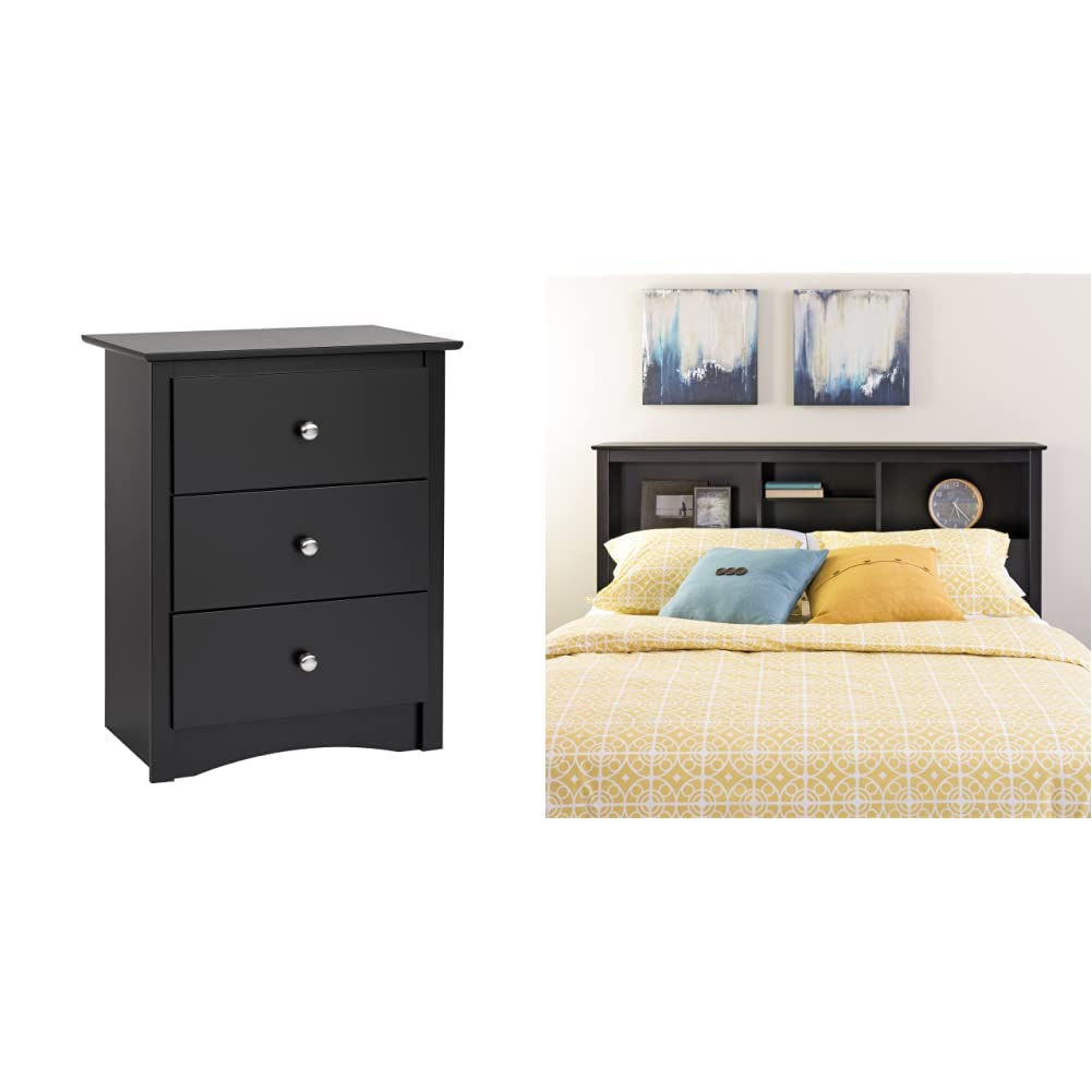 Prepac Sonoma Nightstand, Tall 3Drawer, Black & Prepac Full/Queen
