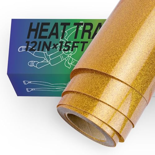Image of HTVRONT Gold Glitter HTV Vinyl Roll-12 inch x 15FT Gold Glitter Heat Transfer Vinyl for Shirts, Glitter Iron on Vinyl for All Cutter Machine,Easy to Cut for Heat Vinyl Design