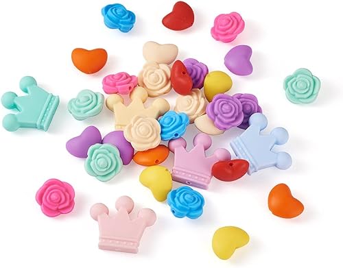 Miniatura 9 de 30 cuentas de silicona de corazón, corona, cuentas de goma, flores de silicona, cuentas sueltas de silicona a granel para mujeres, pulseras,