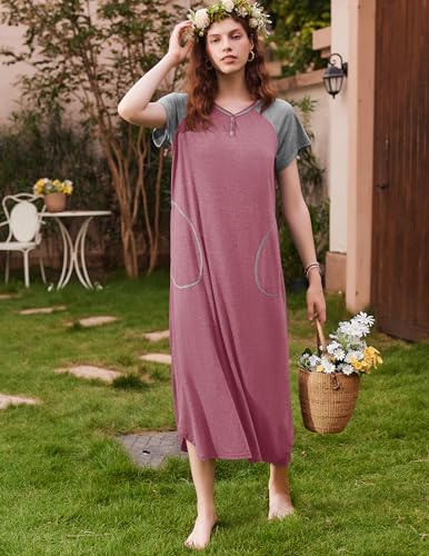 Image of Ekouaer Long Nightgown Women's Loungewear Short Sleeve Sleepwear Full Length Sleep Shirt with Pockets