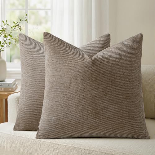 Image of a moment Pack of 2 Decorative Chenille Throw Pillow Covers with Twill Cushion Covers for Sofa Living Room Couch Bed 18x18 Inch Dark Brown
