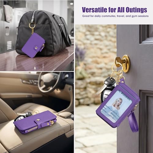 Image of M-Plateau RFID Blocking Keychain Wallet With Leather Wrist Strap | Keychain Wristlet, Womens Card Holder with Zipper Coin Pocket and ID Window (Purple)