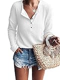 WNEEDU Women's Waffle Knit Tunic Tops Loose Long Sleeve Button Up V Neck Henley Shirts White S