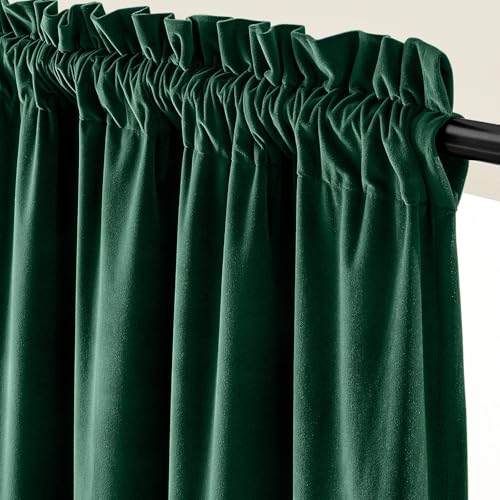 Image of Extra Long Emerald Green Velvet Curtains 52x108 Inch 2 Panels | Soft Velvet, For Tall Windows & High Ceilings, Light Shifting Texture, Elegant Drape, Classic, Rod Pocket